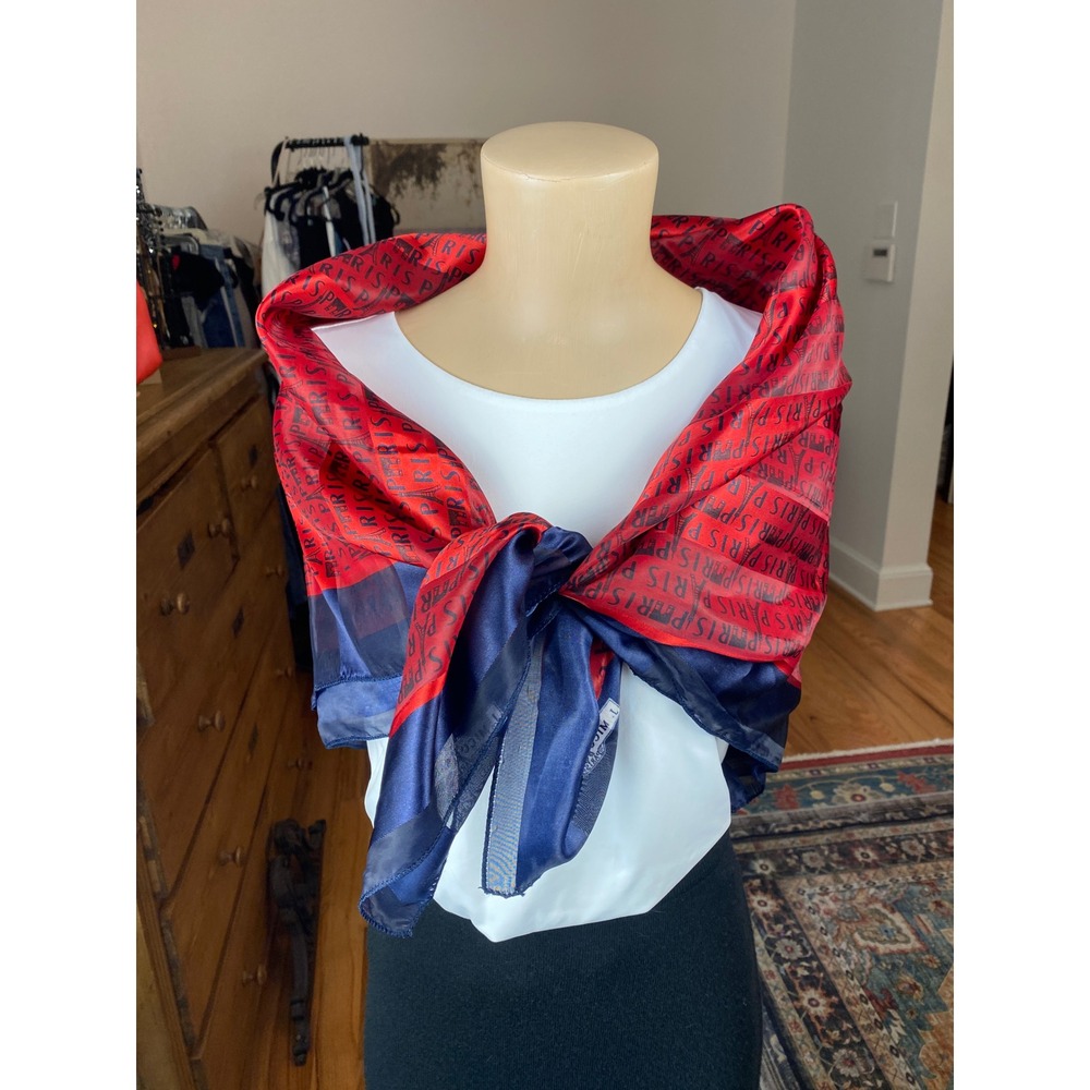 J. Mico Sancho Paris Eiffel Tower Square Scarf Red Navy‎ Blue Silky Neckerchief